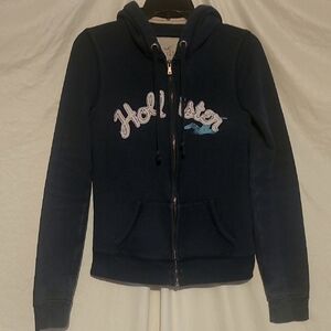 Hollister Women's Dark Blue Zip-Up Hoodie, M, Navy, White, Blue Bird